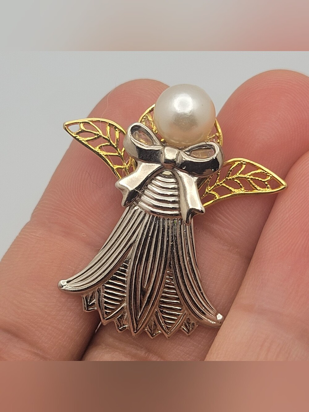 Silver & Gold Pearl Angel Brooch - Elegant Women’s Jewelry